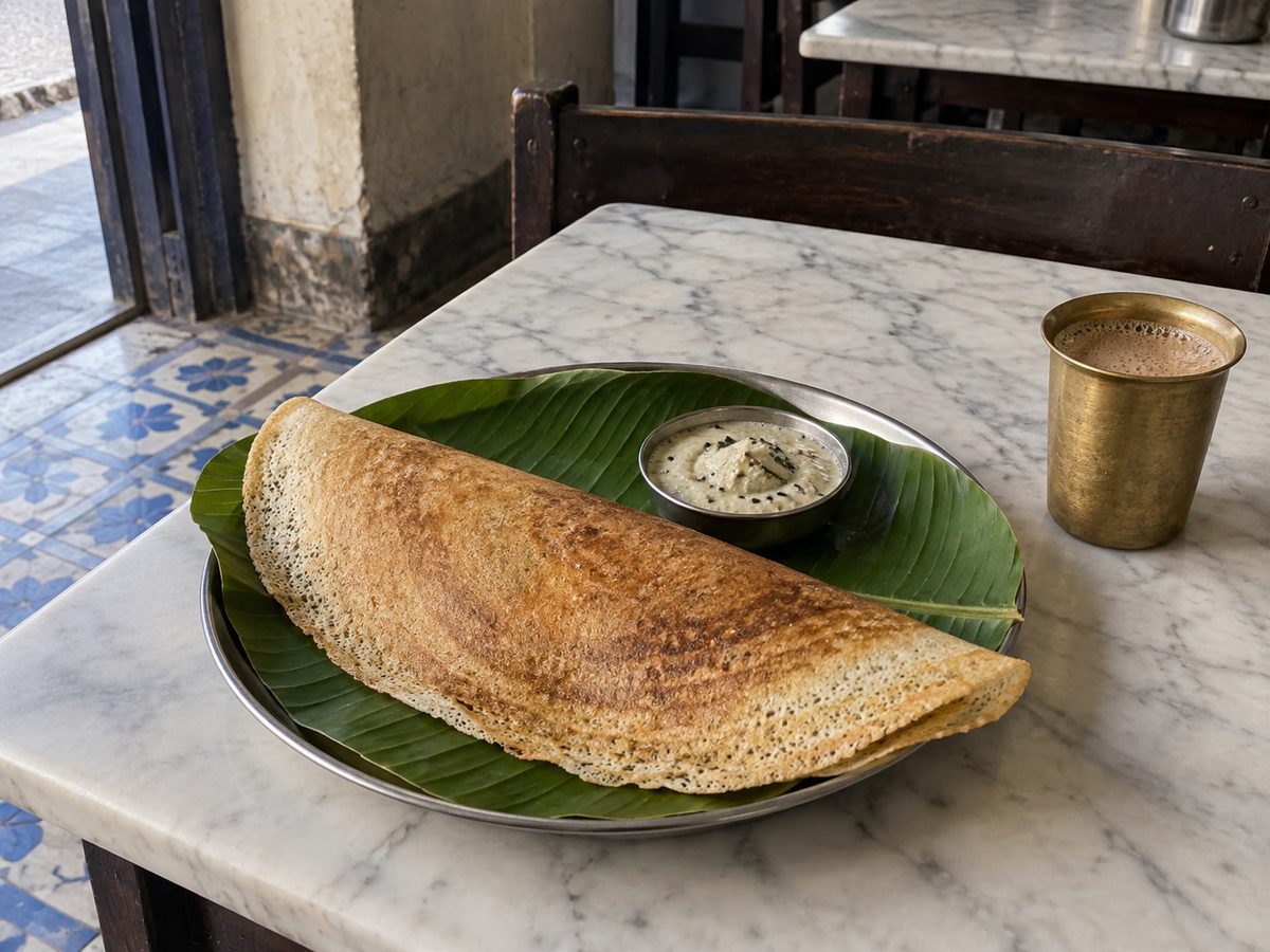 யாழ்ப்பாண உணவக வெளிச்சத்தில் வாழை இலையில் தோசை, தேங்காய் சட்னி, பித்தளை டம்ளர்